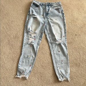 Tinseltown The Mom High-rise Embroidered Distressed Jeans